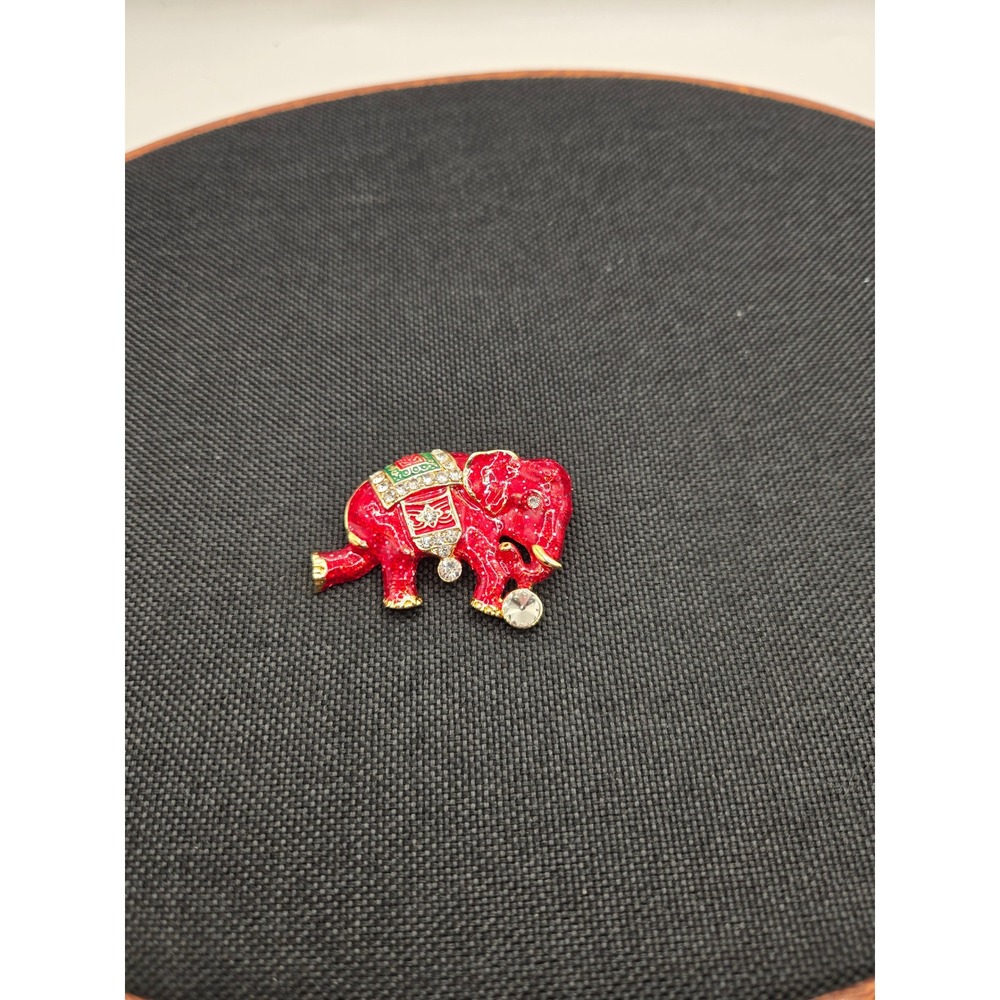 Red Enamel Elephant Brooch Gold Tone Rhinestone Glitter Animal Pin